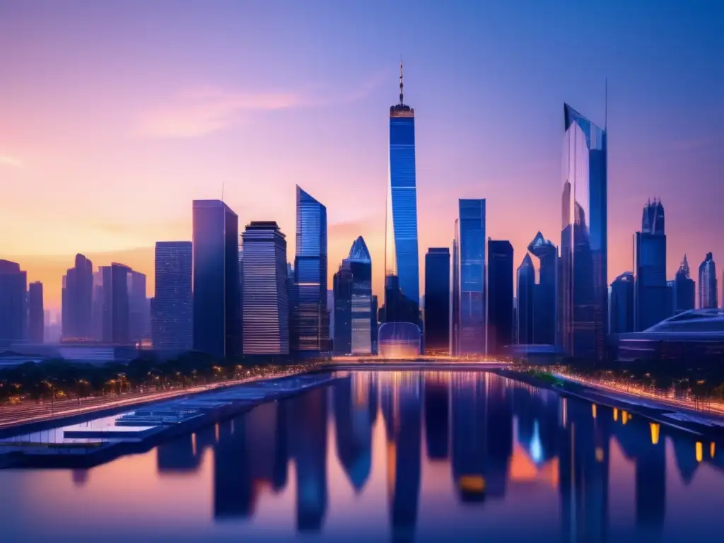 Ciudad moderna al atardecer con profesionales discutiendo Silueta de una moderna ciudad al anochecer con rascacielos de vidrio reflejando el sol