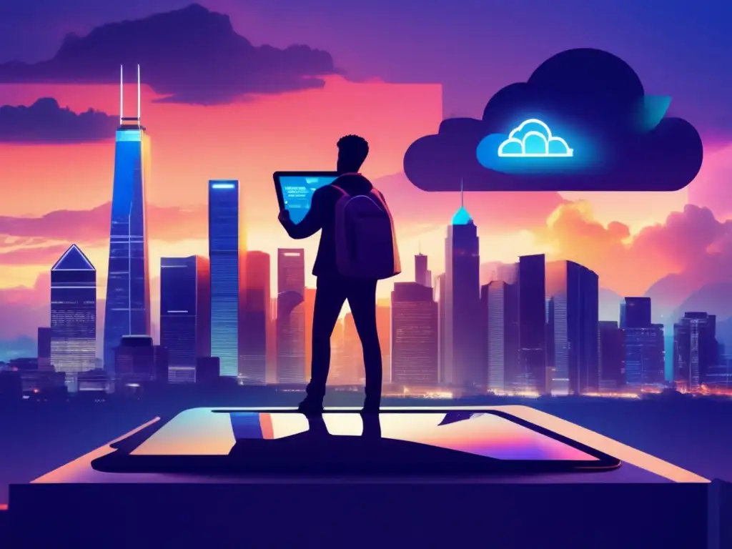 Ciudad moderna al atardecer: criptomonedas y privacidad Silueta persona con tablet en skyline, regulaciones criptomonedas inversiones riesgos legales