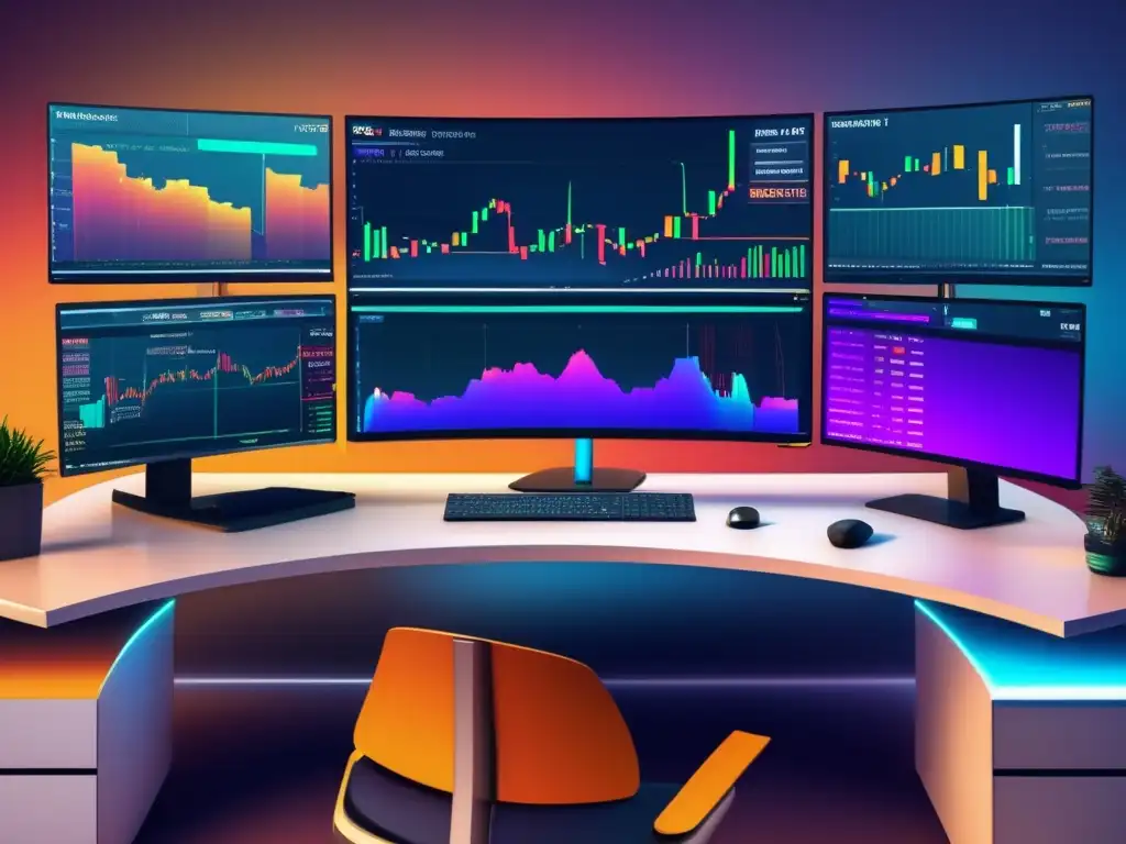 Escritorio de trading moderno con gráficos de criptomonedas Simulador de cripto inversión avanzada con escritorio de operaciones moderno y elegante, monitores curvos ultrapanorámicos y gráficos en tiempo real