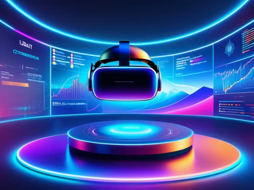 Futuro de las criptomonedas Simulador criptomonedas: gráficos, datos y hologramas en paisaje digital futurista