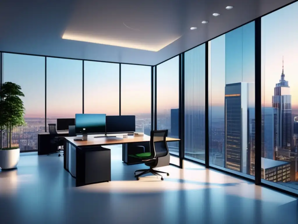 Oficina moderna y elegante con inversor analizando estrategias Simulador de inversiones rentables en una oficina moderna con vista panorámica y elegante mobiliario minimalista