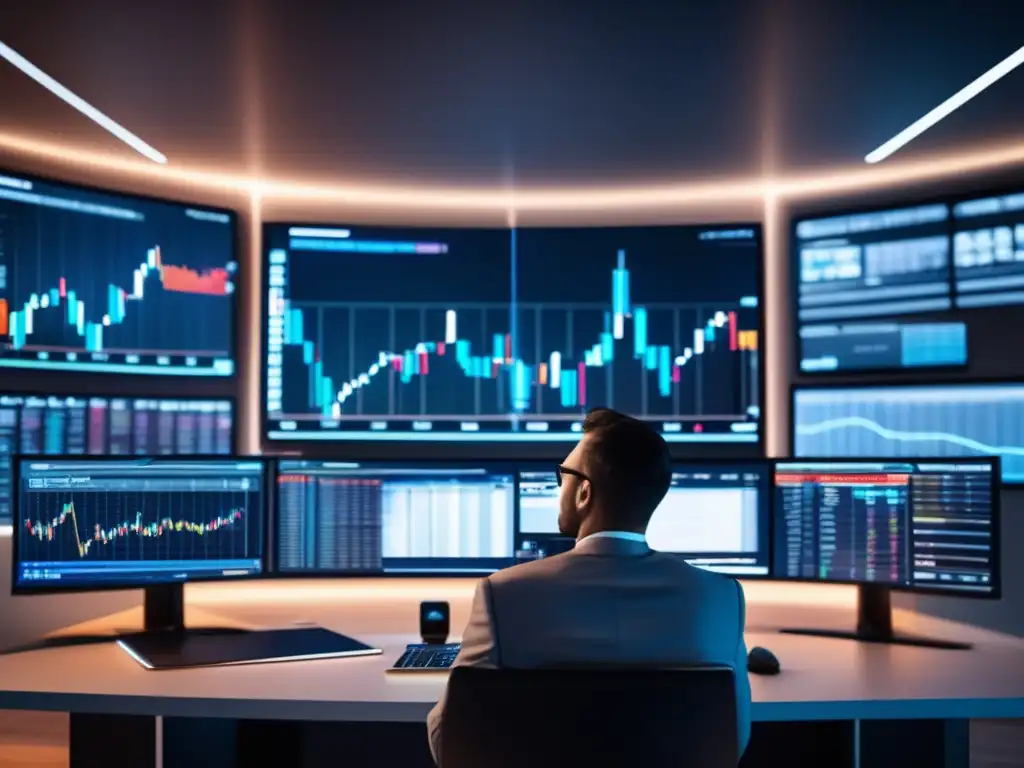 Sala de trading moderna y sofisticada Simulador inversión: trading en sala moderna con tecnología avanzada y trader profesional analizando datos (#SEO)