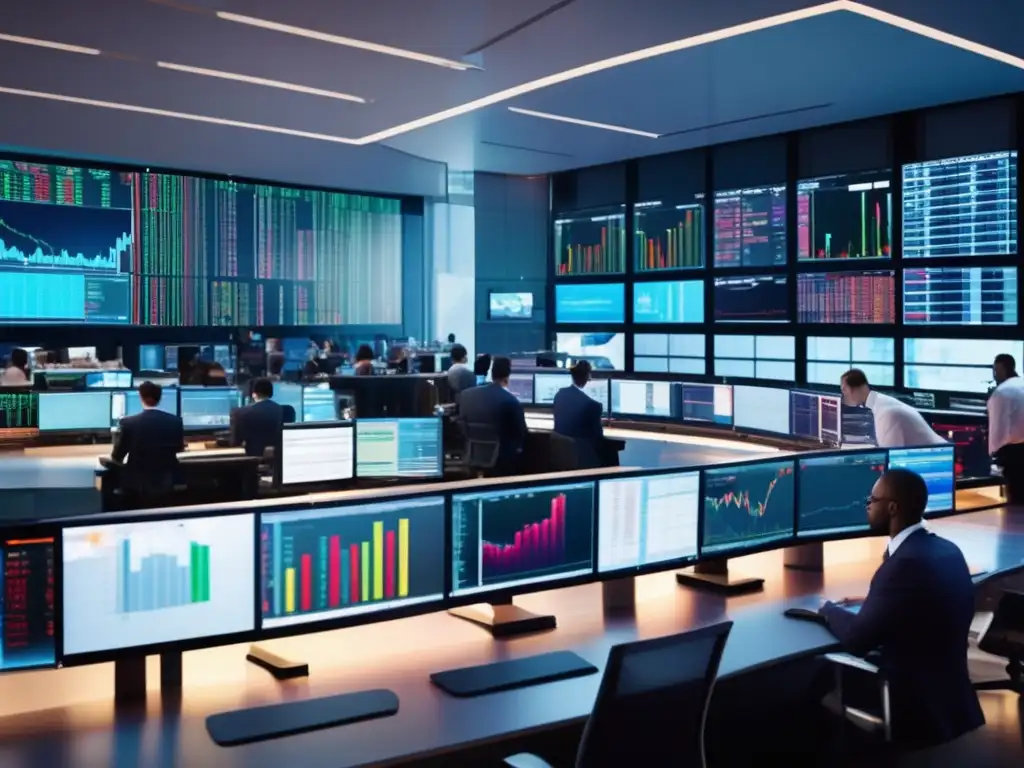 Traders analizando datos en una sala de trading Simuladores de bolsa: aprendizaje financiero en un piso de trading moderno y vibrante