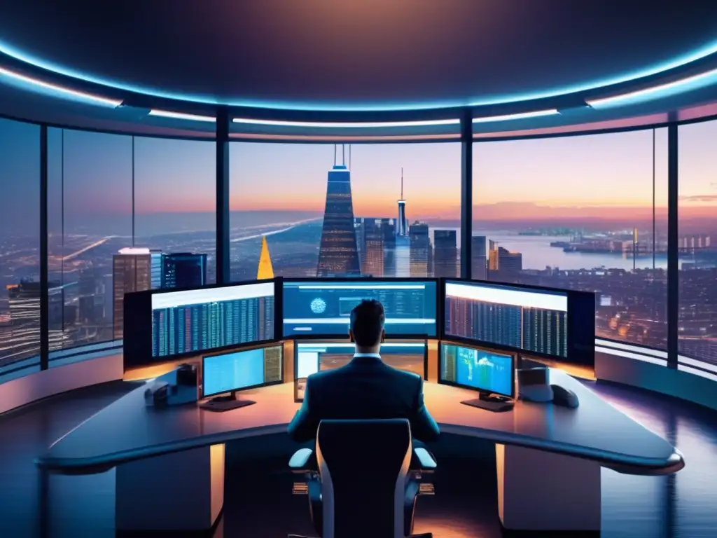 Sala de trading moderna con vista a la ciudad y pantallas de criptomonedas Simuladores cripto inversión avanzada en moderna sala de trading con vista a la ciudad