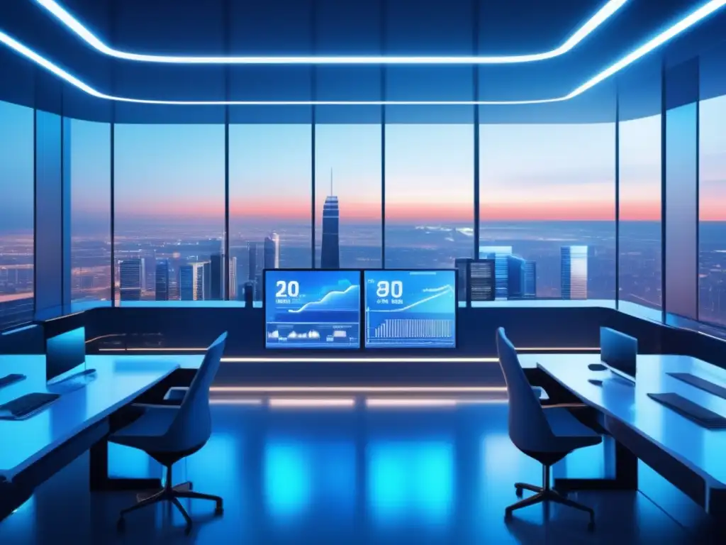 Sala de trading futurista con tecnología avanzada Simuladores de cripto inversión avanzada en moderna sala de trading