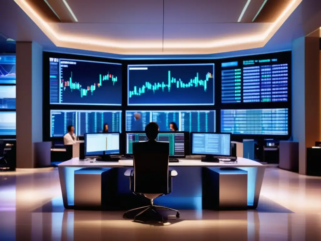 Trading floor moderno y sofisticado con inversores profesionales y tecnología avanzada Simuladores de cripto inversión avanzada en piso de operaciones moderno y sofisticado con inversores y profesionales financieros