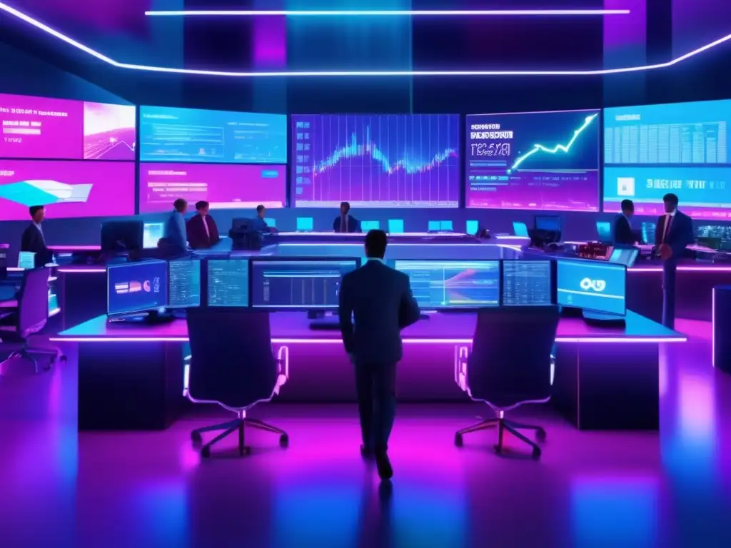 Traders en piso futurista de trading Simuladores de cripto inversión avanzada en una sala de trading futurista iluminada por luces de neón
