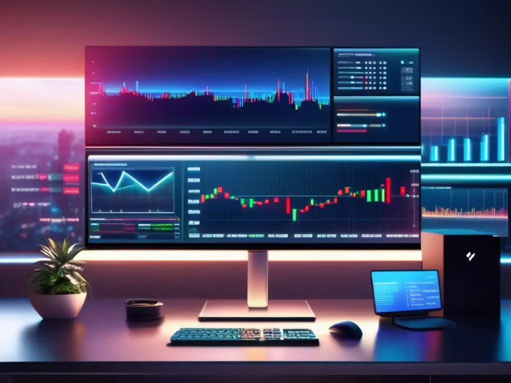 Escritorio de trading futurista con pantalla 8k y simulación realista Simuladores de inversión para traders novatos en un entorno futurista