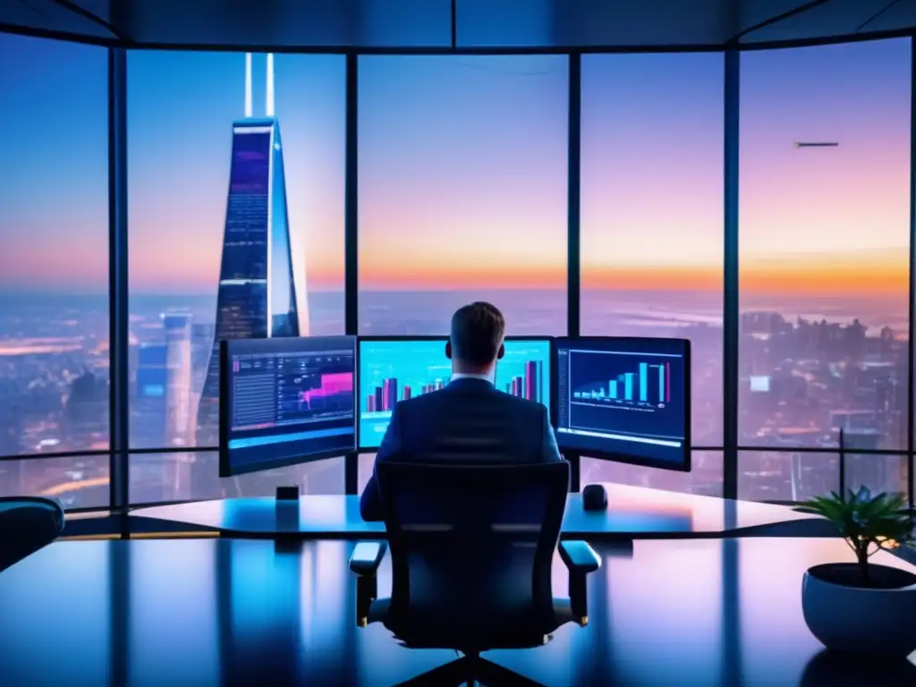 Oficina moderna con tecnología avanzada Simuladores de inversiones rentables en moderna oficina con vista a la ciudad
