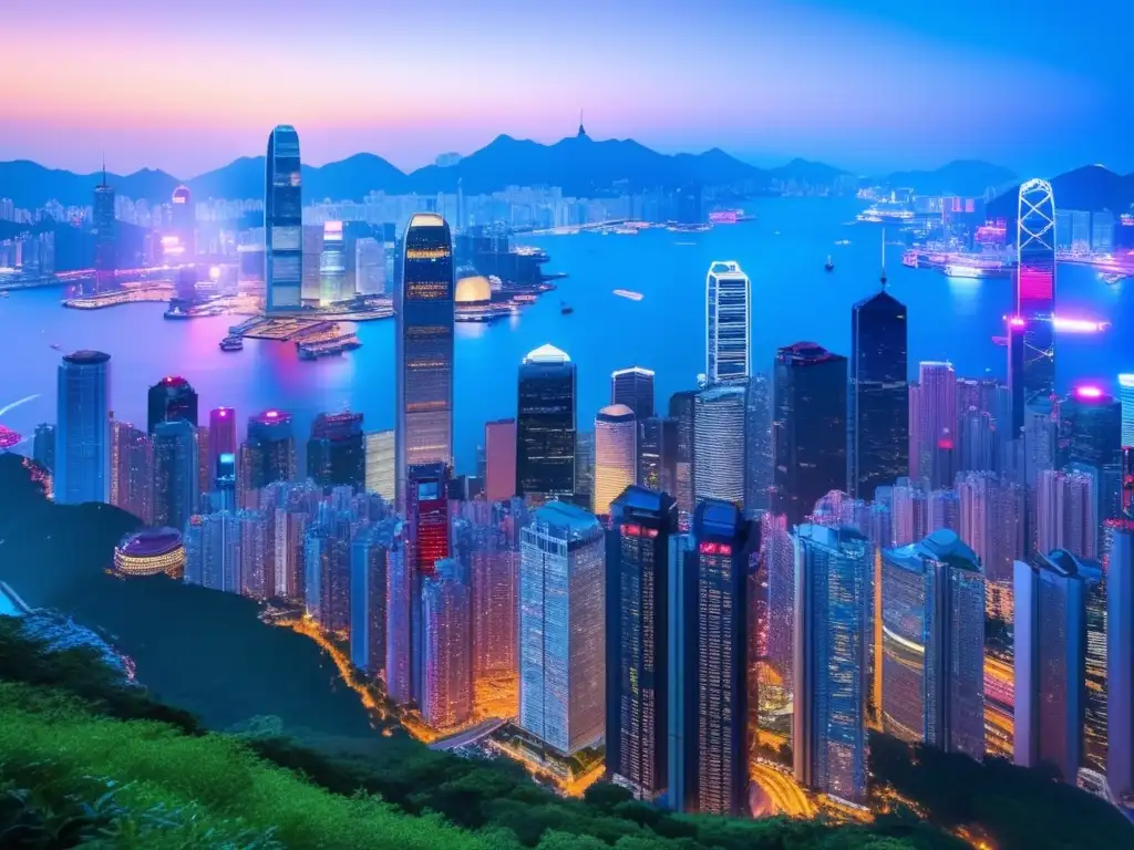Impresionante skyline financiero de Hong Kong al atardecer Skyline de Hong Kong al atardecer: Importancia de Hong Kong como puente de inversión