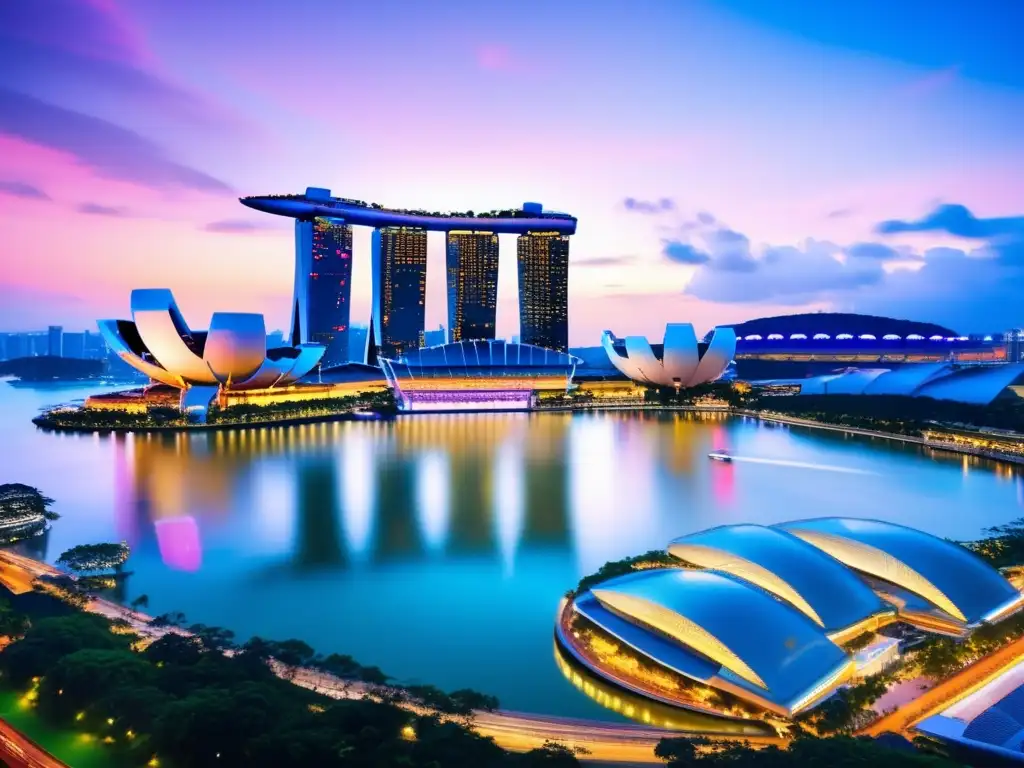 Skyline moderno de Singapur al atardecer Singapur: skyline atardecer con Marina Bay Sands y regulaciones financieras