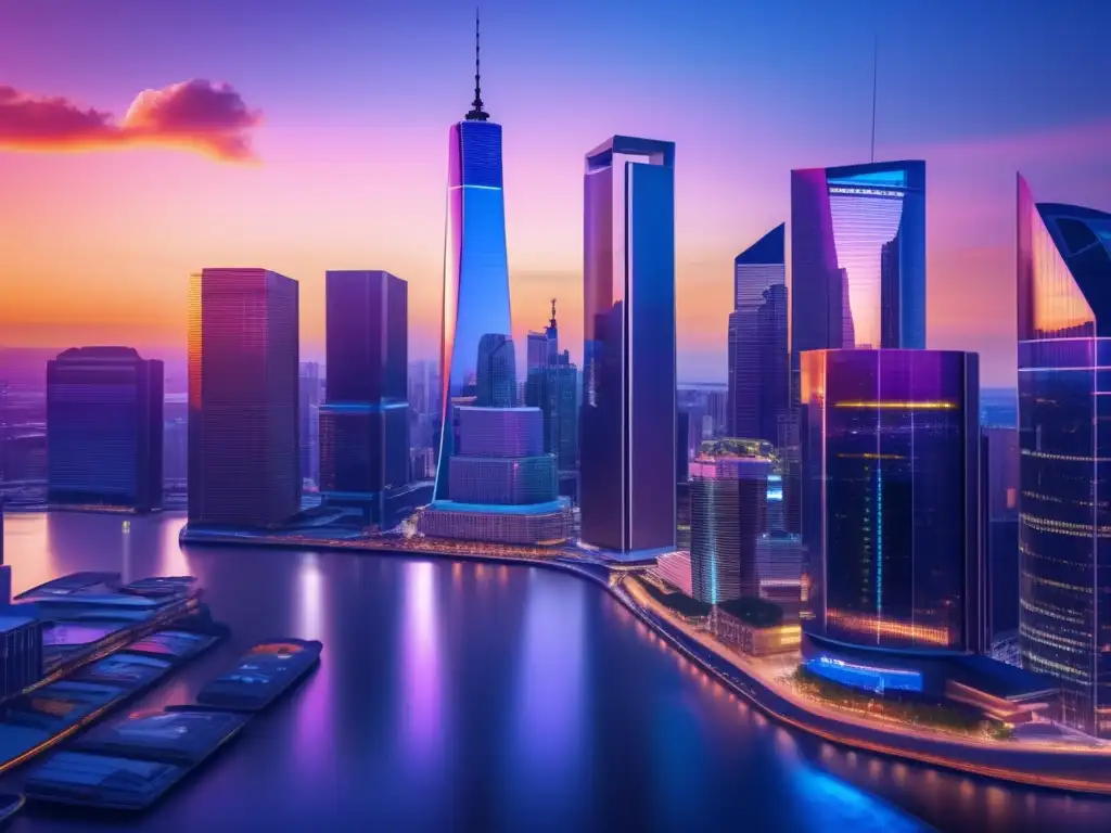 Ciudad financiera en atardecer: moderna, futurista y dinámica Skyline de ciudad en atardecer con distrito financiero y gestión de riesgos en mercados financieros diversificados
