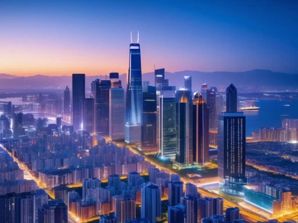 Ciudad moderna con potencial de inversión Skyline de ciudad al atardecer con propiedades comerciales y residenciales