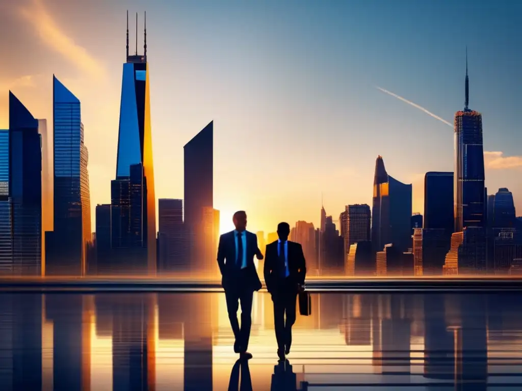 Ciudad moderna al atardecer con rascacielos reflejando el sol Skyline de ciudad al atardecer, con rascacielos reflejando el sol