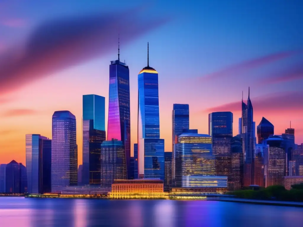 Ciudad moderna al atardecer Skyline de ciudad moderna al atardecer, con rascacielos de vidrio reflejando los colores vibrantes del atardecer