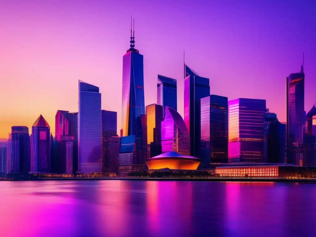 Ciudad moderna al atardecer Skyline de ciudad moderna al atardecer, con rascacielos iluminados por la cálida luz dorada