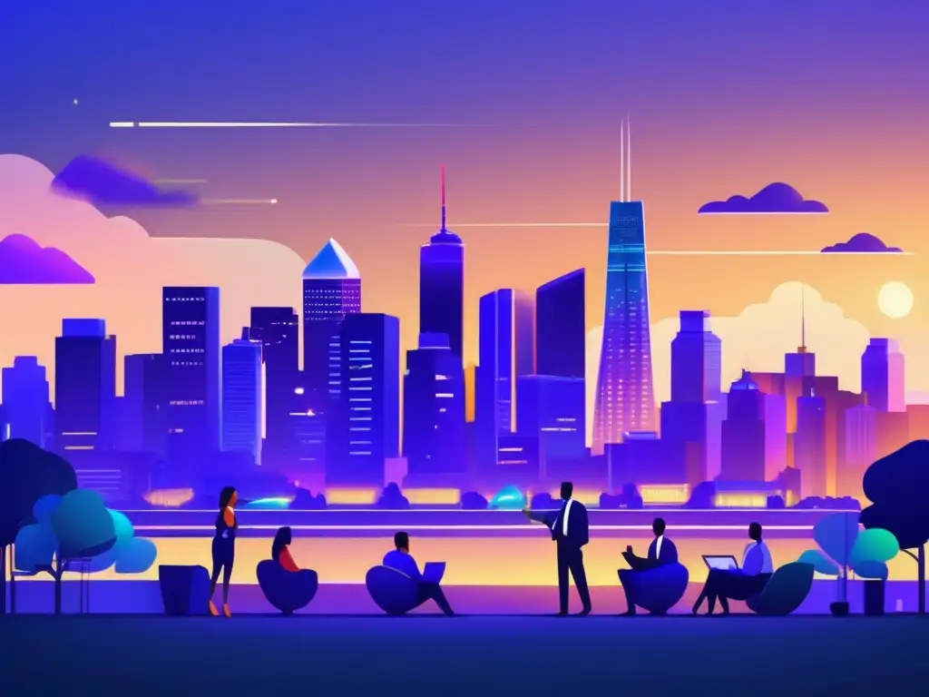 Ciudad moderna al atardecer: innovación y colaboración Skyline de ciudad moderna al atardecer con edificios iluminados y emprendedores discutiendo - Historia del venture capital