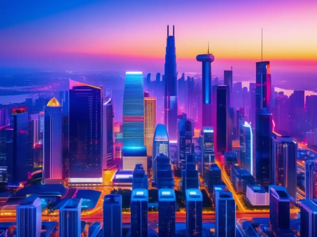 Ciudad futurista iluminada de noche Skyline digital ciudad, rascacielos futuristas, inversión inmobiliaria digital EREITs