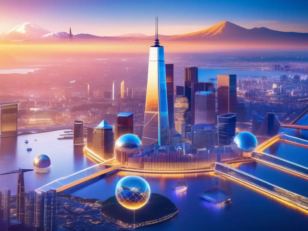 Skyline futurista con criptomonedas Un skyline dorado de ciudades futuristas destacadas de EEUU, Reino Unido y Japón