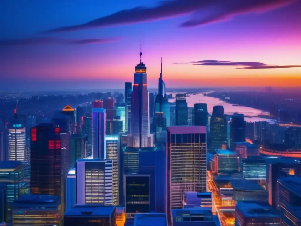 Ciudad financiera en la noche: ICOs y el futuro Skyline financiero: arquitectura innovadora y vibrante, símbolo de ICOs y oportunidades
