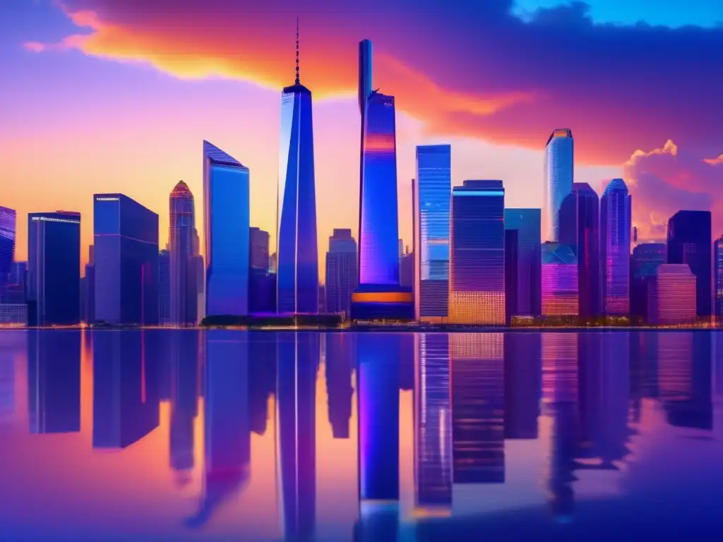 Finanzas modernas en la ciudad al atardecer Skyline financiero al atardecer con profesionales en actividades financieras