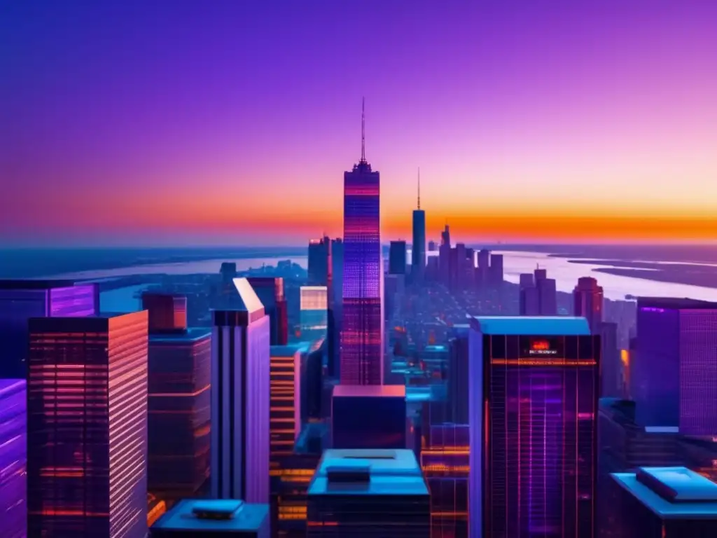 Skyline financiero moderno al atardecer Skyline financiero al atardecer con rascacielos, datos bursátiles y profesionales discutiendo - Políticas monetarias e inversión financiera