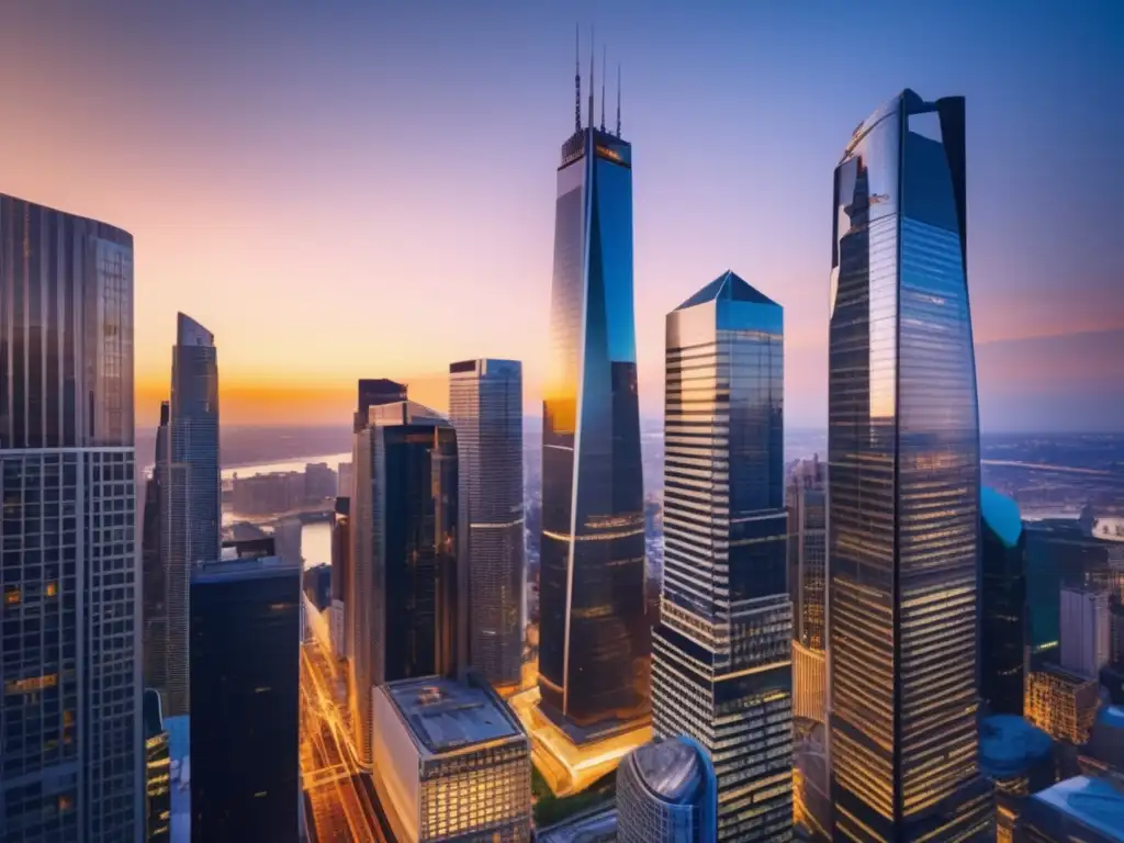 Un skyline financiero moderno al atardecer Skyline financiero moderno al atardecer, simbolizando la transformación digital en inversiones financieras