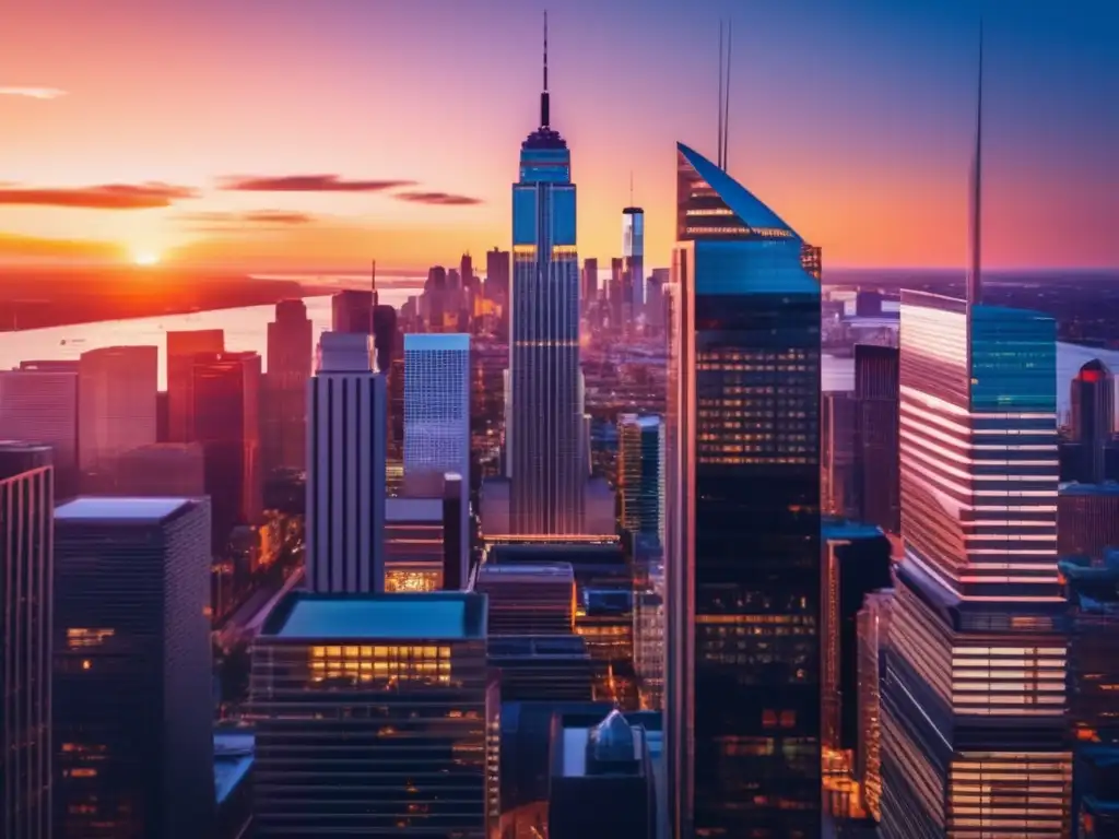 Skyline financiero moderno al atardecer Skyline financiero moderno al atardecer