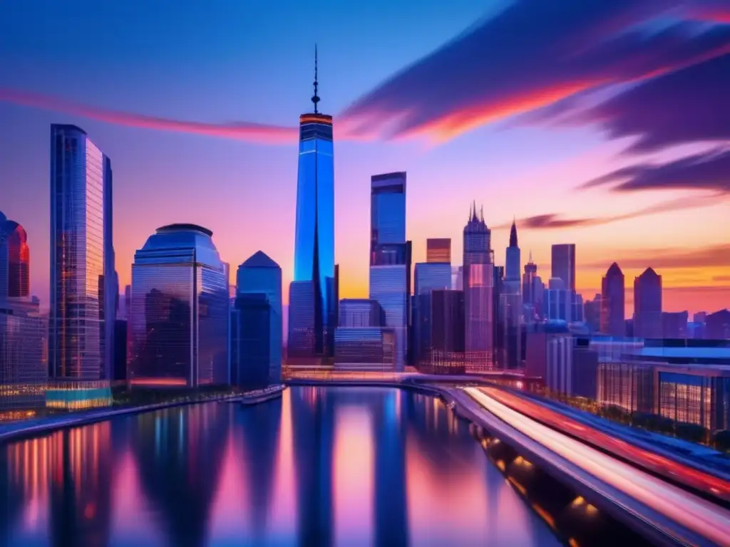 Skyline financiero moderno al atardecer Skyline financiero moderno al atardecer, con rascacielos de vidrio reflejando colores del atardecer