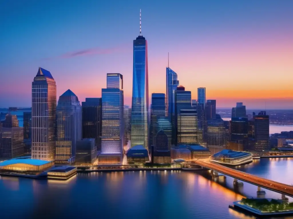 Moderna ciudad financiera al anochecer Skyline financiero moderno al atardecer: Estrategias de inversión a corto plazo