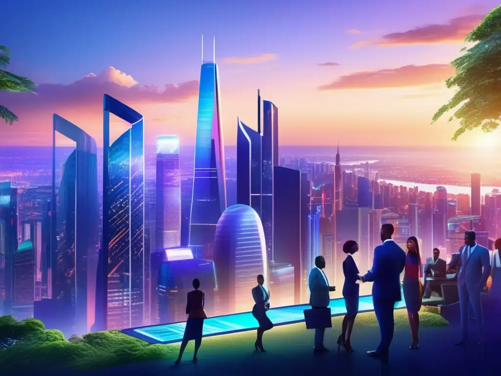 Futuro skyline ciudad moderna y vibrante Skyline futurista de una ciudad al atardecer con rascacielos modernos y vibrantes displays digitales, rodeada de vegetación exuberante