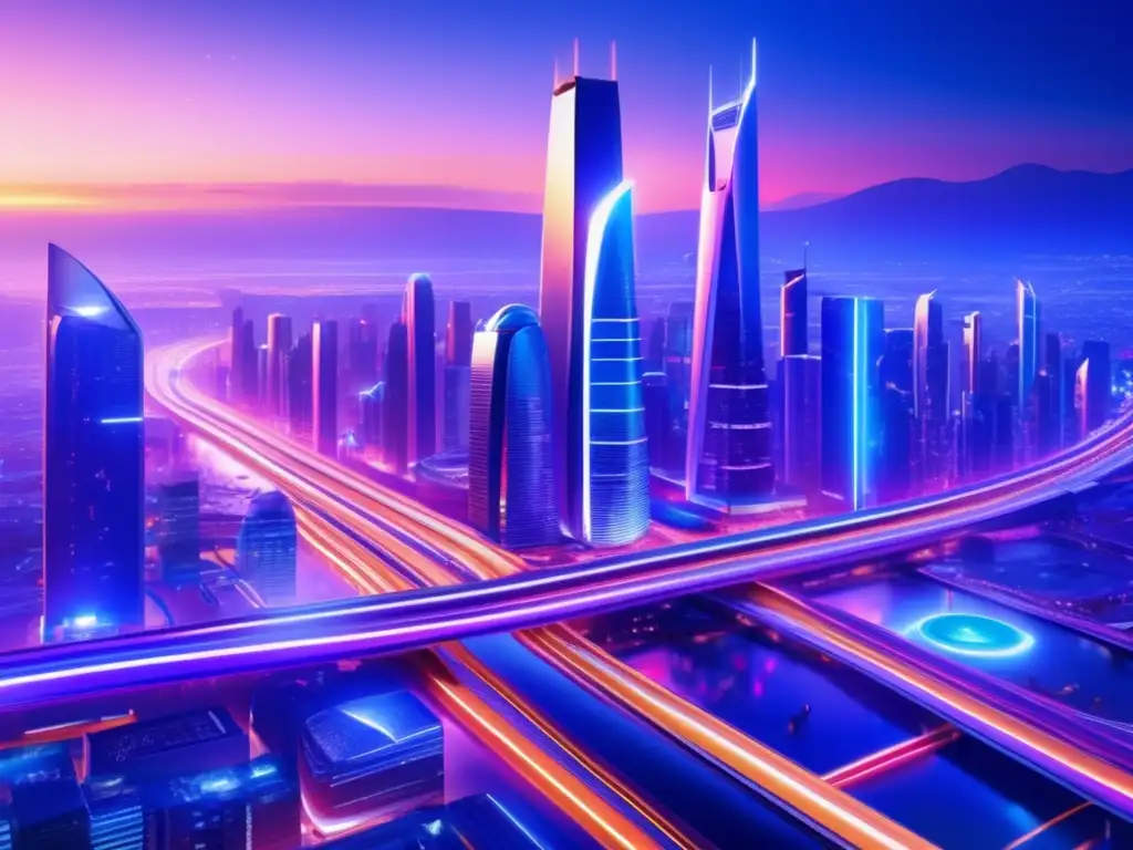Ciudad futurista al atardecer: innovación y oportunidad Skyline futurista 8k de una ciudad vibrante con rascacielos modernos y luces LED