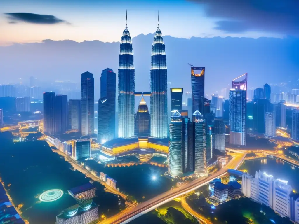 Skyline de Kuala Lumpur Skyline de Kuala Lumpur con las icónicas Torres Petronas, símbolo del desarrollo económico y las leyes de inversión en Malasia