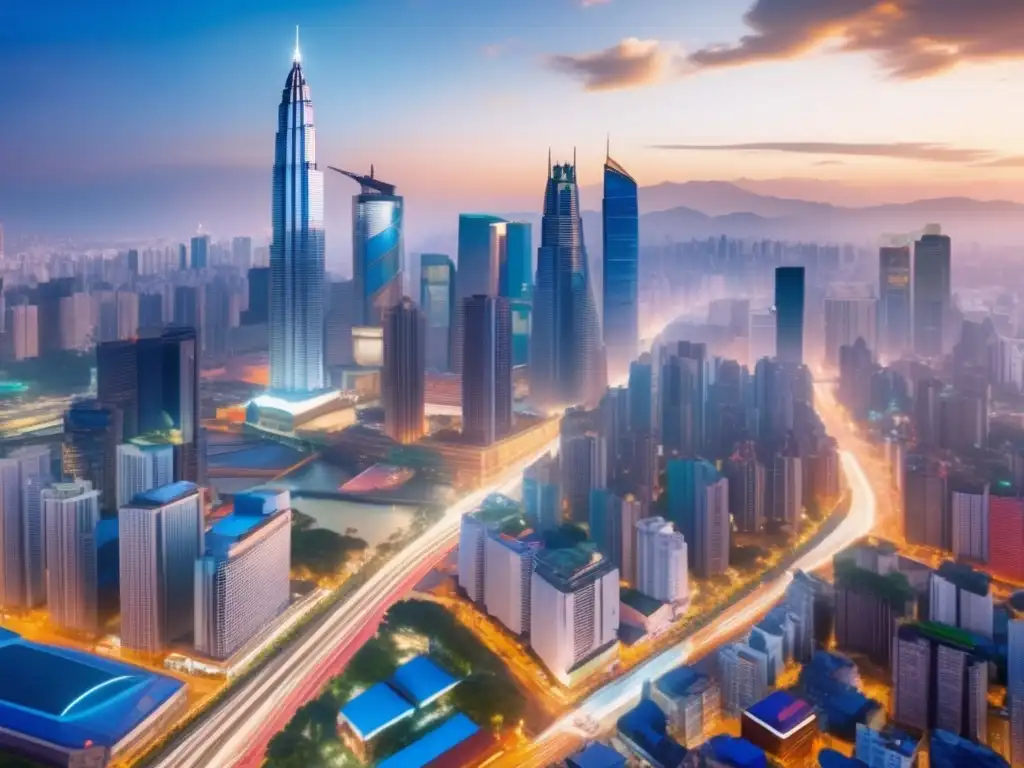 Ciudad emergente llena de energía Skyline de mercados emergentes para pequeños inversores en vibrante ciudad en crecimiento