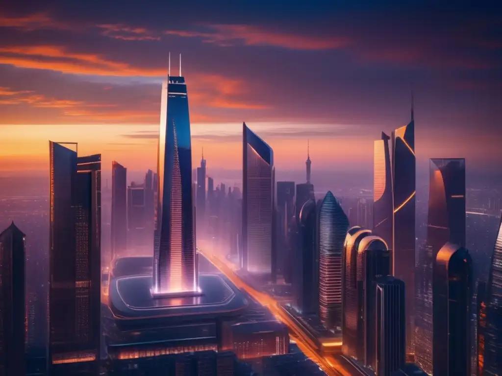 Ciudad futurista con rascacielos modernos Skyline metropolitano futurista al atardecer, reflejando el potencial de los mercados inmobiliarios de la próxima década