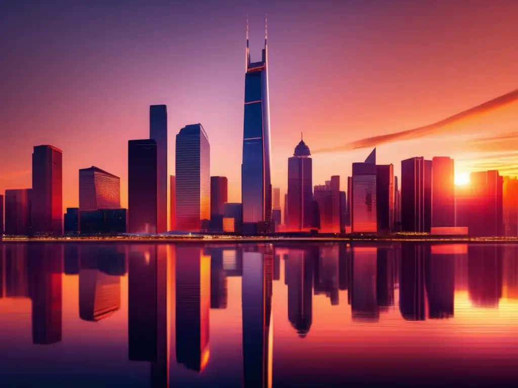 Moderna ciudad al atardecer: inversión inmobiliaria Skyline moderno al atardecer, reflejando luces cálidas en rascacielos de vidrio