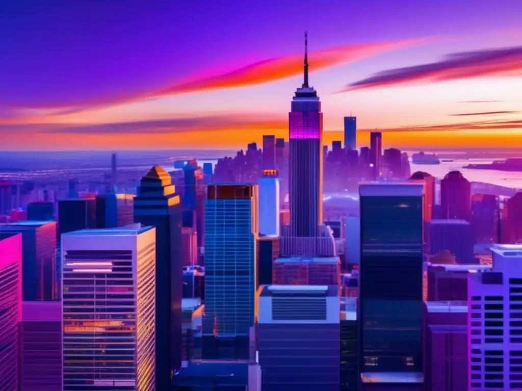 Siluetas modernas de la ciudad al atardecer Skyline moderno al atardecer, simbolizando oportunidades de inversión global y centros financieros