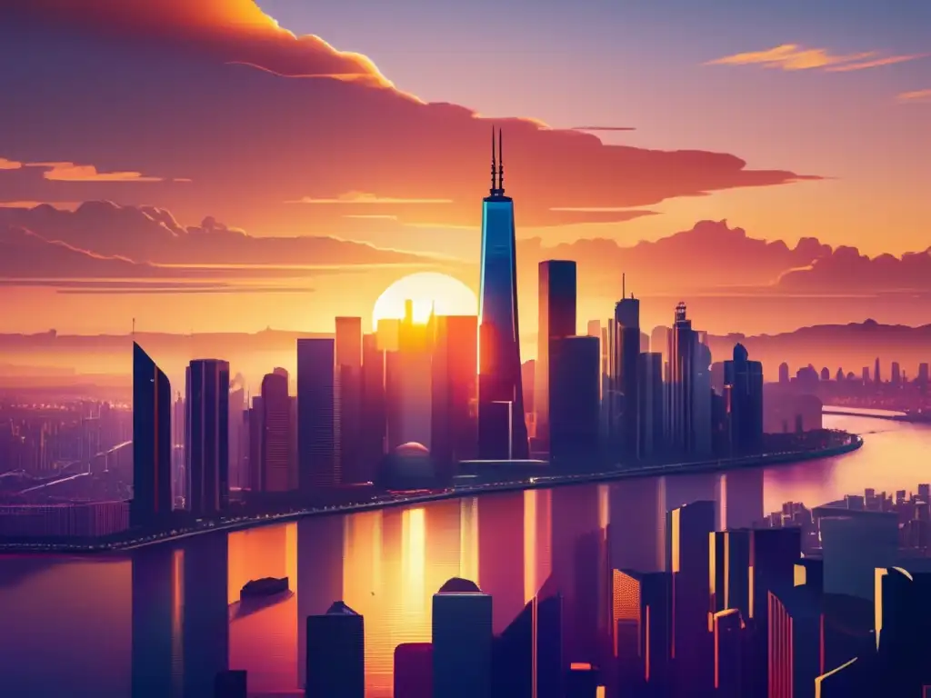 Moderna ciudad al atardecer con profesionales diversificados Skyline moderno al atardecer con rascacielos coloridos y profesionales discutiendo - Estrategias de diversificación de divisas