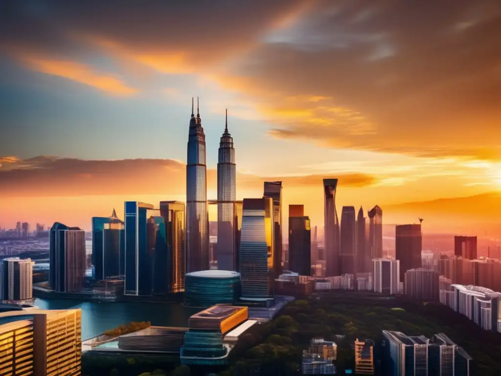 Ciudad moderna al atardecer, reflejo dorado Skyline moderno al atardecer, con rascacielos de vidrio reflejando la cálida luz dorada del sol