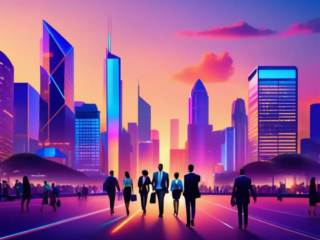 Moderna ciudad al atardecer con rascacielos brillantes Skyline moderno al atardecer con rascacielos de vidrio y luces vibrantes