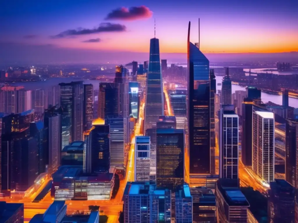 Ciudad moderna al atardecer Skyline moderno al atardecer con rascacielos iluminados, reflejando el mundo de startups y oportunidades de inversión