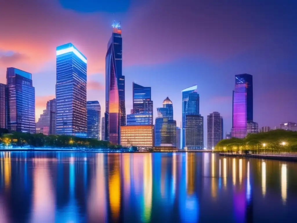 Ciudad moderna al anochecer: crecimiento y inversión Skyline moderno al atardecer con rascacielos brillantes y reflectantes