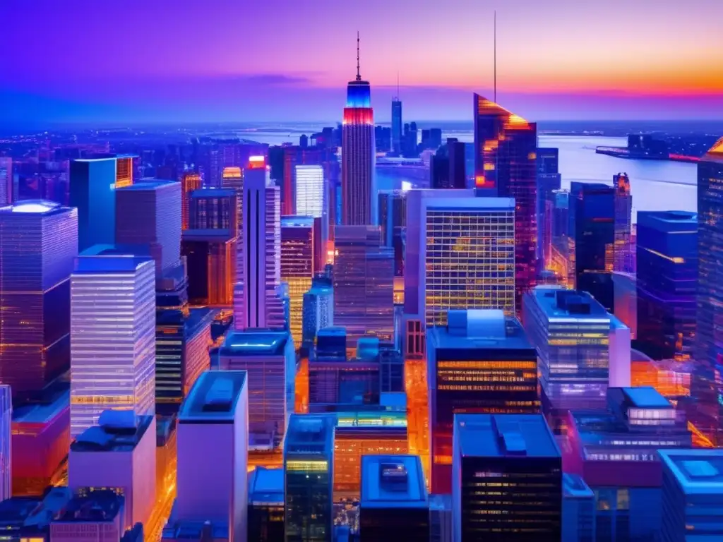 Ciudad moderna al atardecer, vibrante y luminosa Skyline moderno a la caída de la noche, con vibrantes luces en rascacielos y un río con puente