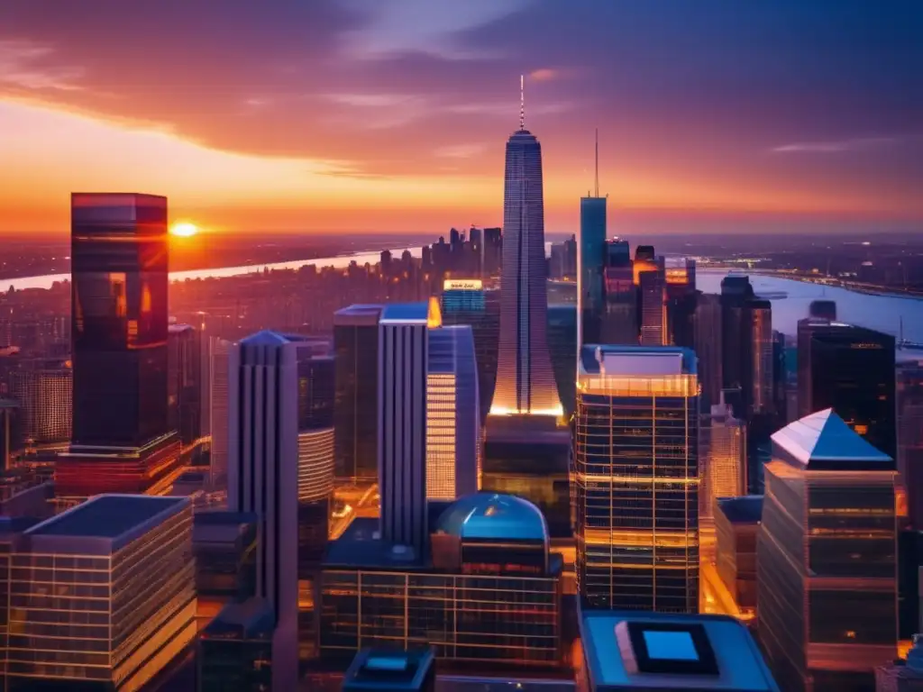 Ciudad moderna en crepúsculo: rascacielos, actividad y conexión económica Skyline moderno de ciudad al atardecer, iluminado con tonos cálidos y fríos