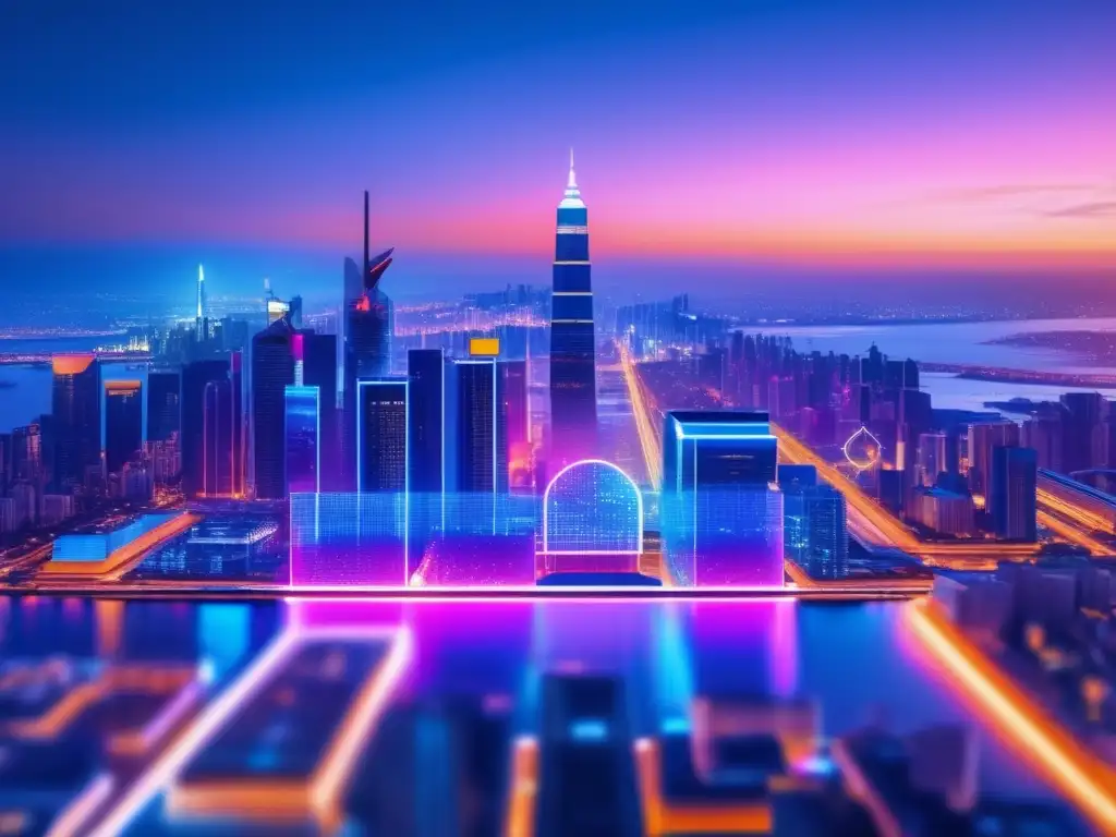 Ciudad moderna al atardecer con blockchain Skyline moderno en ciudad con criptomonedas y leyes AntiLavado