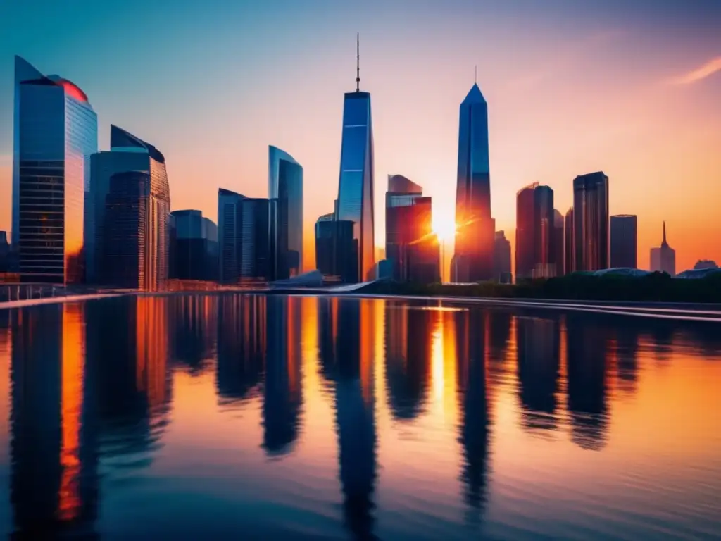 Ciudad moderna con rascacielos y profesionales en traje Skyline moderno de ciudad con rascacielos, reflejos en río, profesionales de negocios - Estrategias fiscales para inversores