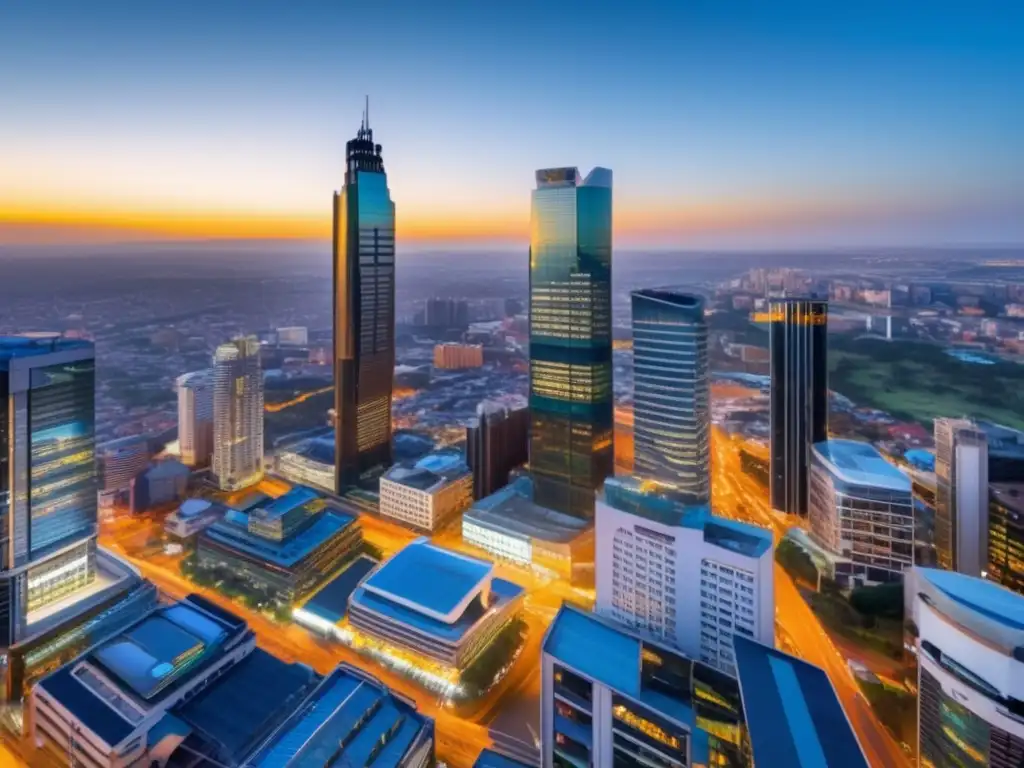 Skyline dorado de Johannesburgo: símbolo de oportunidades de inversión Skyline moderno de Johannesburgo, Sudáfrica; inversores extranjeros y marco regulatorio de oportunidades de negocios