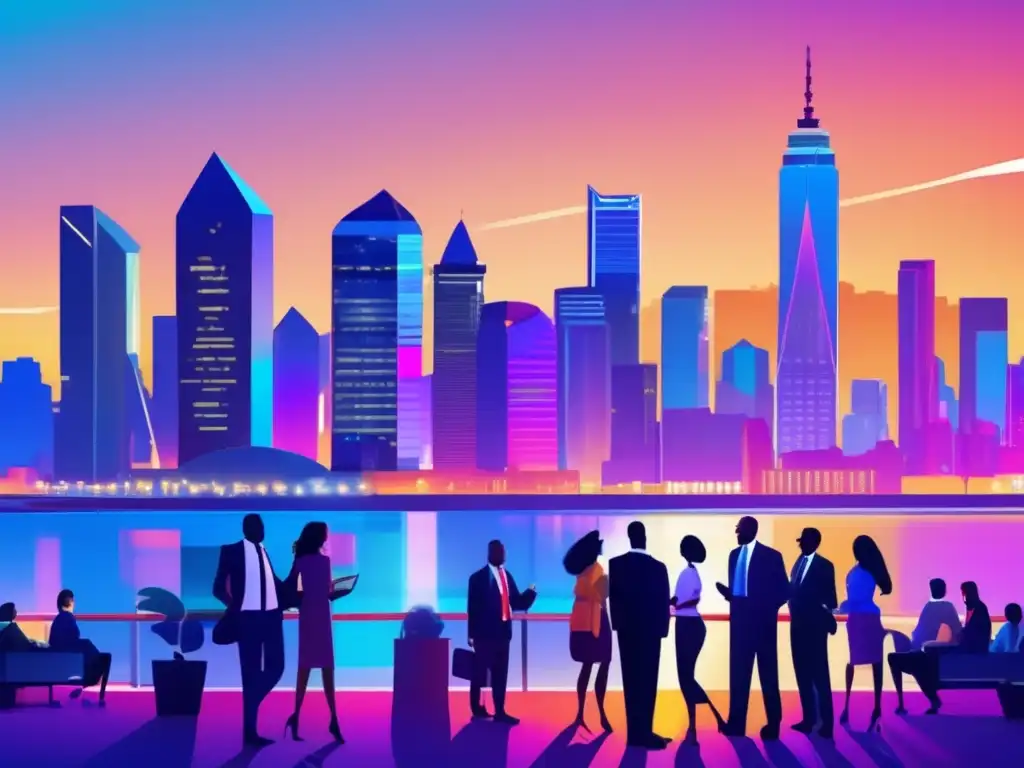 Ciudad moderna al atardecer: inversión ética y progreso Skyline moderno al anochecer con rascacielos iluminados, simbolizando progreso económico y ética en inversiones responsables