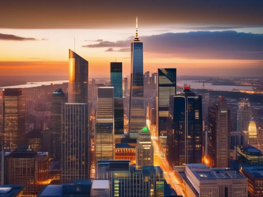Moderno skyline financiero al atardecer Skyline moderno al anochecer, con rascacielos iluminados por luces vibrantes