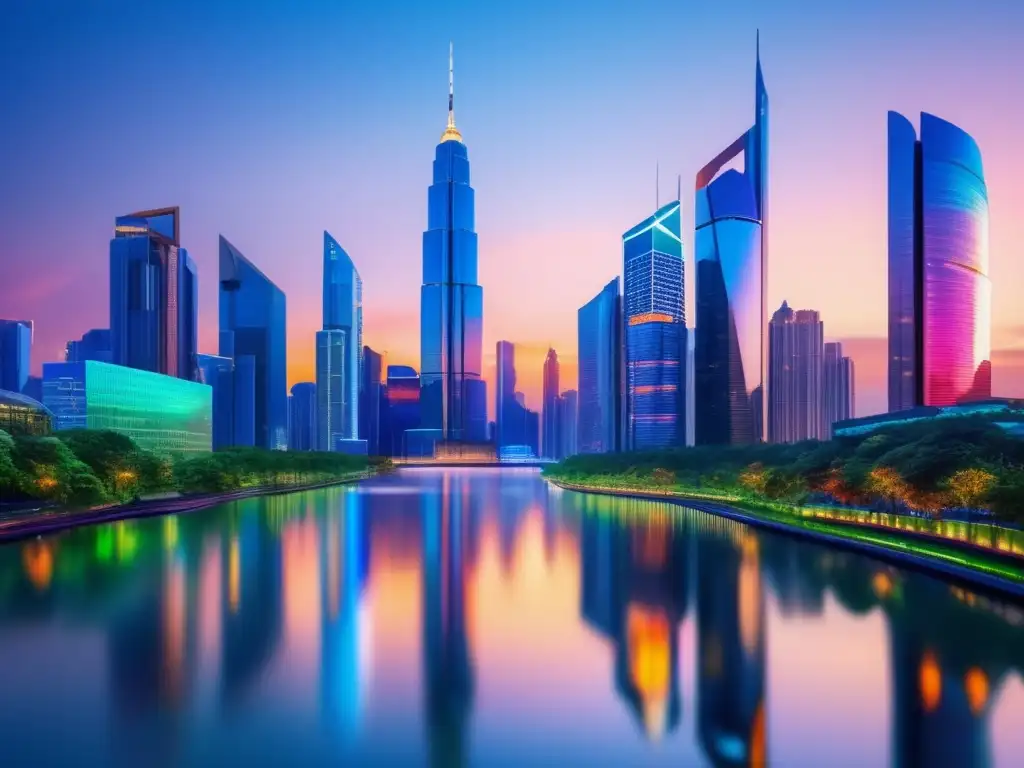 Skyline urbano al atardecer con rascacielos y logos de REITs Skyline moderno REITs rentables: estrategias avanzadas para inversiones inmobiliarias exitosas